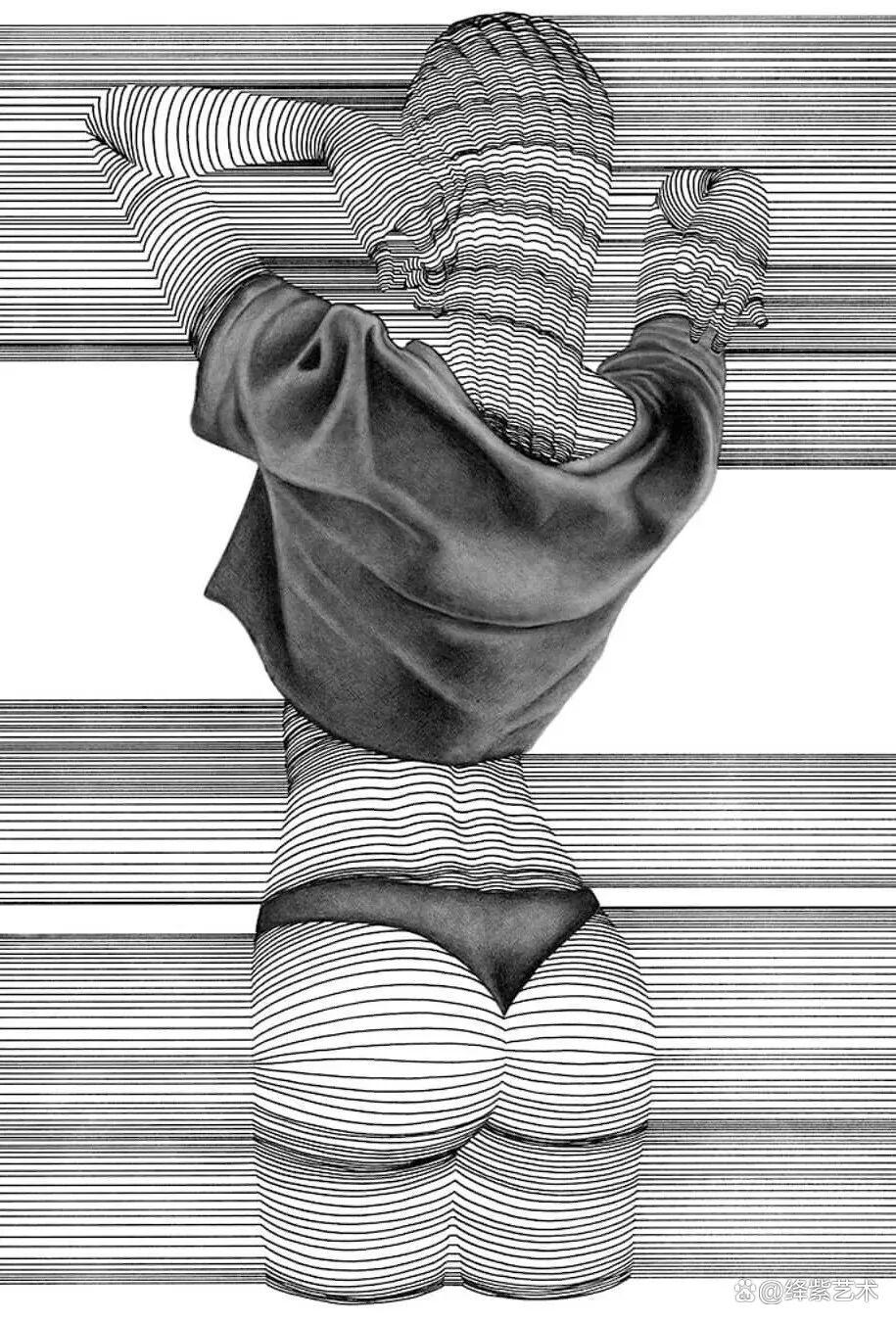 这位“条形码”画家，用粗细不一的线，勾勒姓感的女性躯体插图4