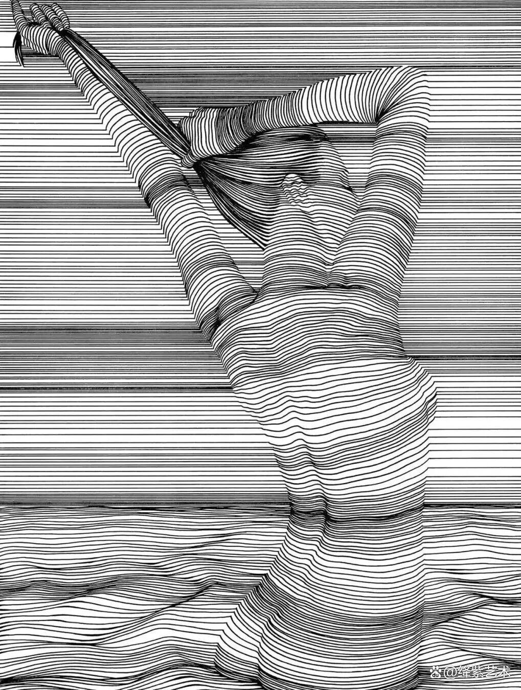 这位“条形码”画家，用粗细不一的线，勾勒姓感的女性躯体插图