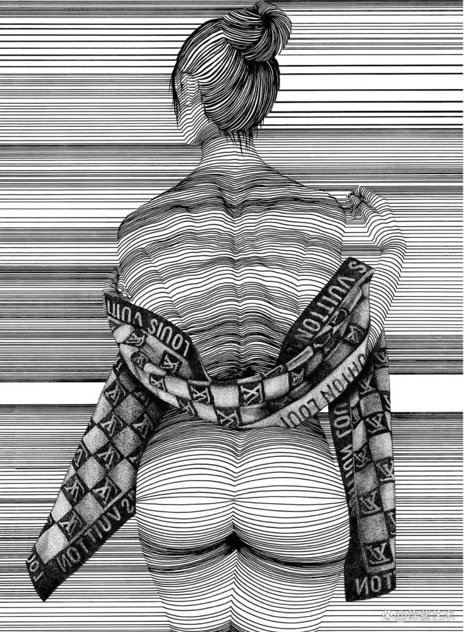 这位“条形码”画家，用粗细不一的线，勾勒姓感的女性躯体插图3