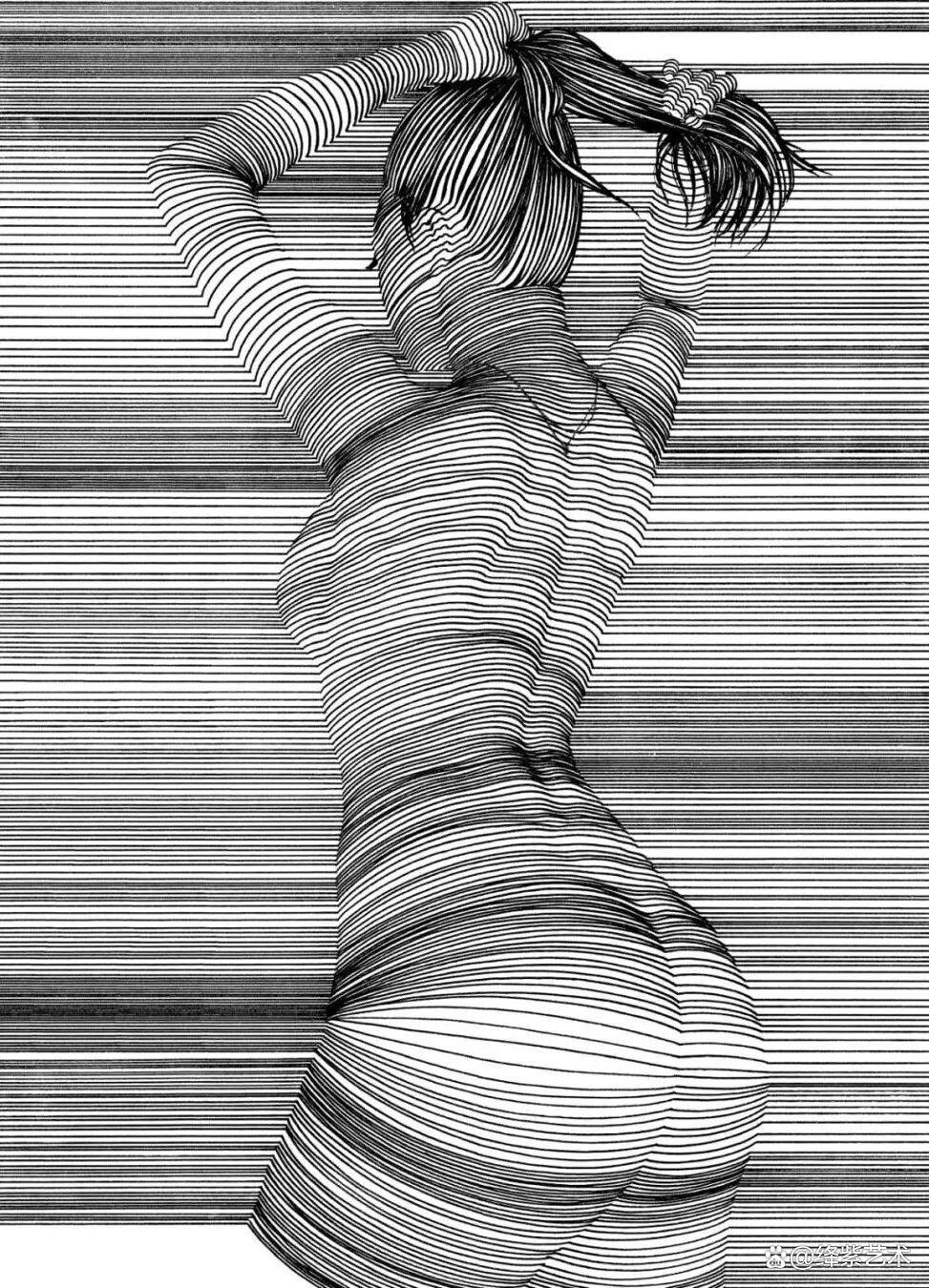 这位“条形码”画家，用粗细不一的线，勾勒姓感的女性躯体插图12