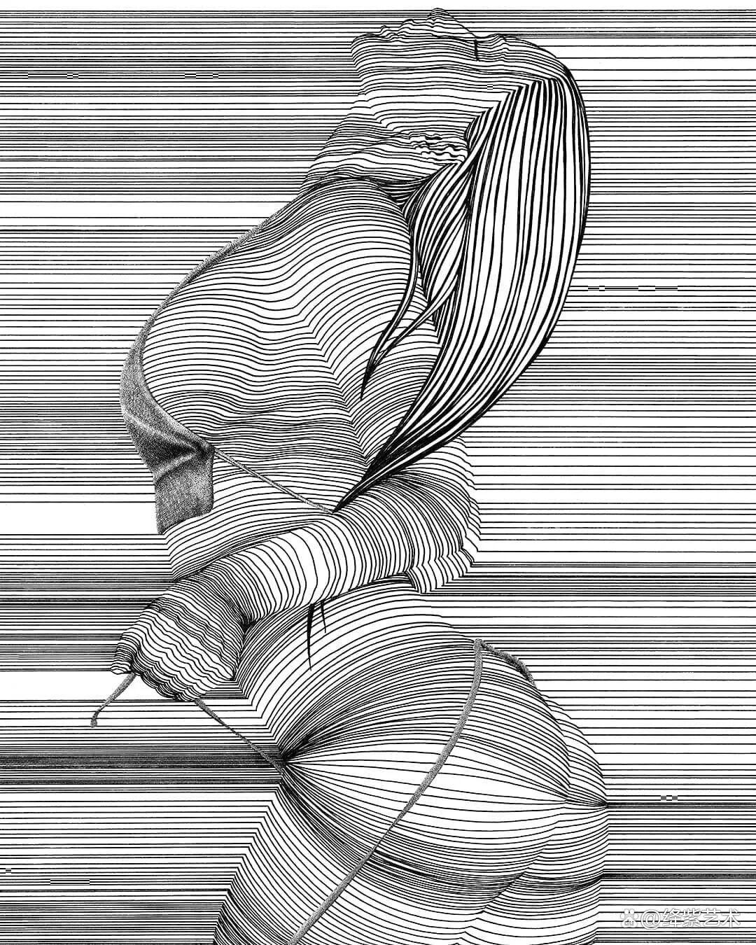 这位“条形码”画家，用粗细不一的线，勾勒姓感的女性躯体插图14