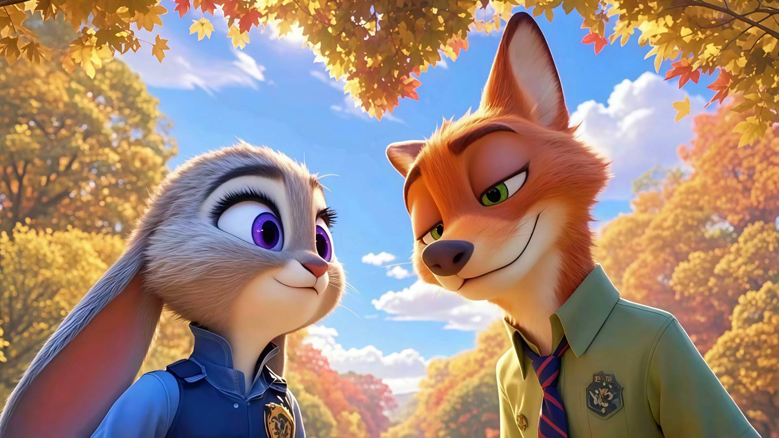 桌面壁纸 023 兔子朱迪 狐狸尼克 疯狂动物城 秋叶 秋天森林 蓝天 4k壁纸插图