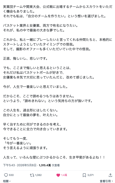 直言“我不甘心，也超级难过！”辻井ほのか 惊传 “十字韧带断裂”，令本人痛心写下：篮球是我人生的最后一个梦插图3