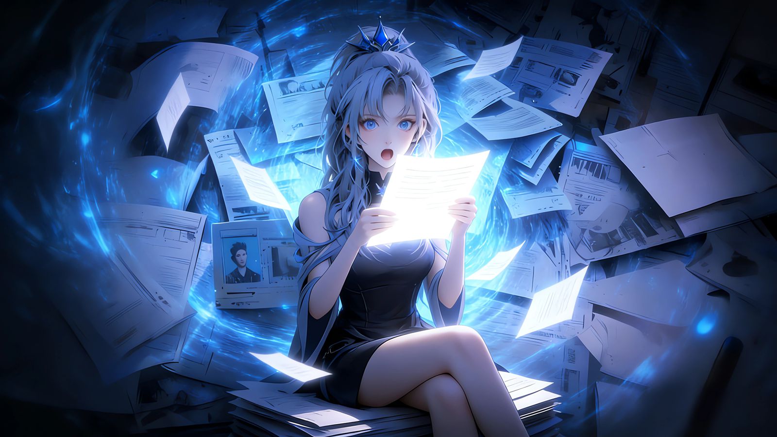 桌面壁纸 033 金克丝 蓝色眼睛 惊讶表情 报纸 光影 4k壁纸插图