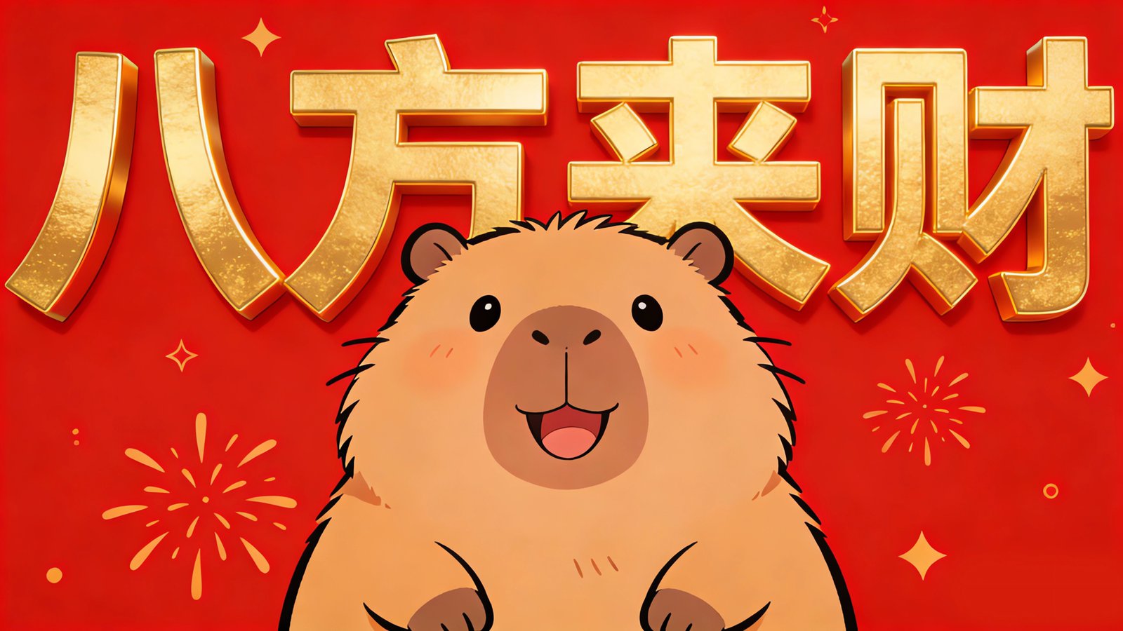 桌面壁纸 040 八方来财 卡皮巴拉卡通图片 红色背景 新年4K壁纸插图