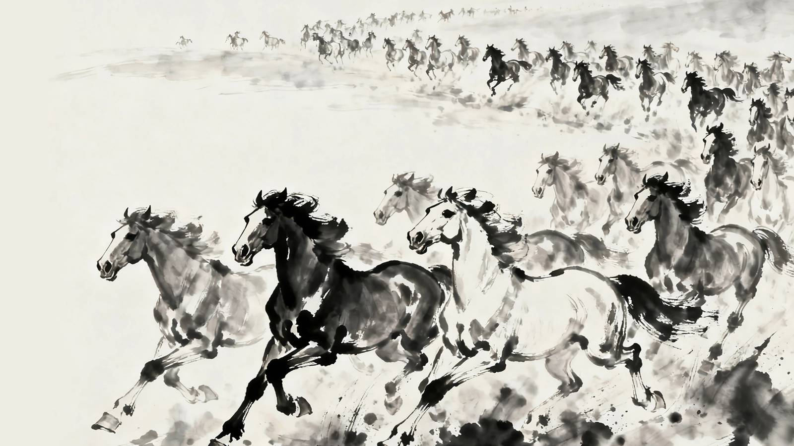 桌面壁纸 053 2026万马奔腾 水墨画 3440×1440带鱼屏壁纸插图