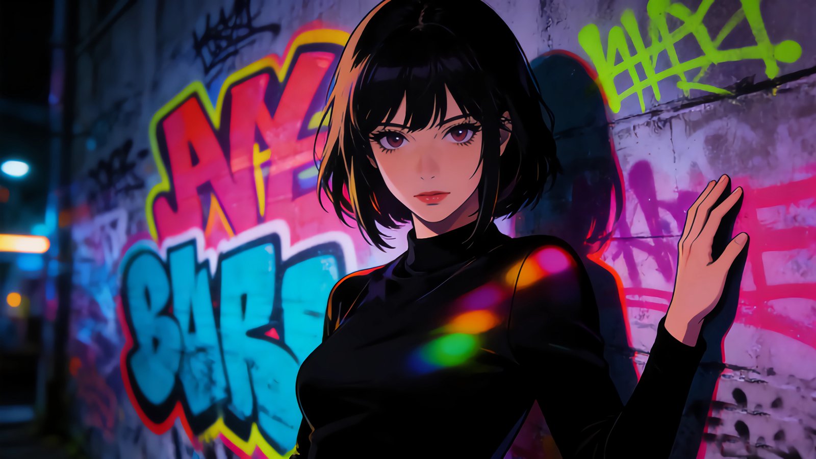 桌面壁纸 054 涂鸦墙 黑色衣服气质镁钕短发 4K动漫壁纸 3840×2160插图
