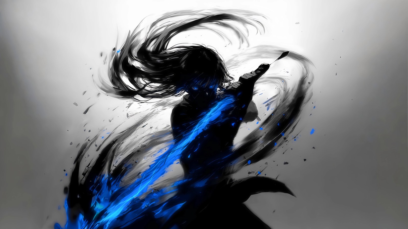 桌面壁纸 057 水墨剑客 蓝色剑 武侠 4K壁纸 3840×2160插图