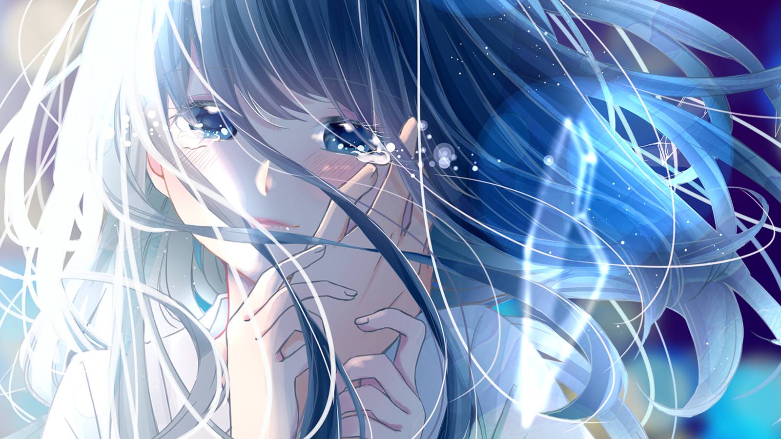 桌面壁纸 073 长发动漫女生眼泪手动漫带鱼屏壁纸插图