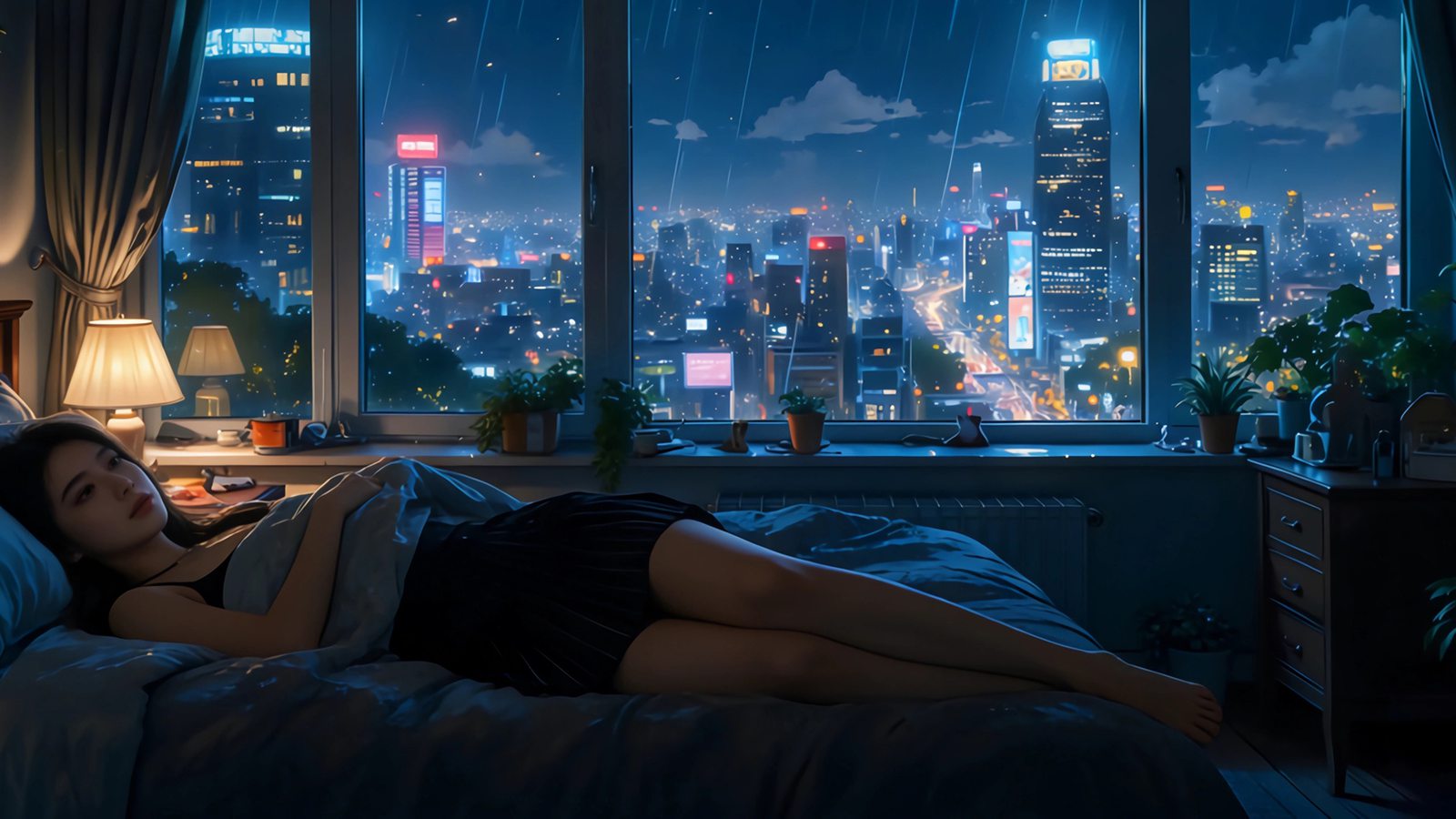 桌面壁纸 076 雨夜 玻璃窗 房间 镁钕 3440×1440带鱼屏动漫壁纸插图