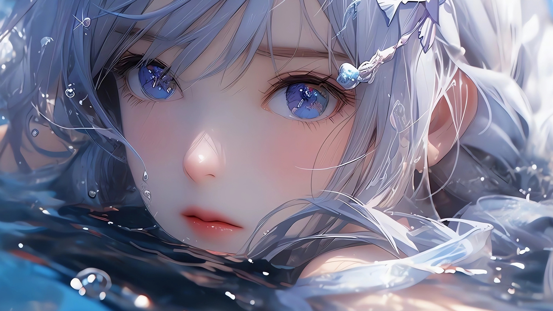 桌面壁纸 097 蓝眼睛 长发动漫女孩 水中 3440×1440动漫壁纸插图