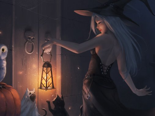 桌面壁纸 006 万圣节快乐 女孩 猫 灯 4k壁纸 3840×2160