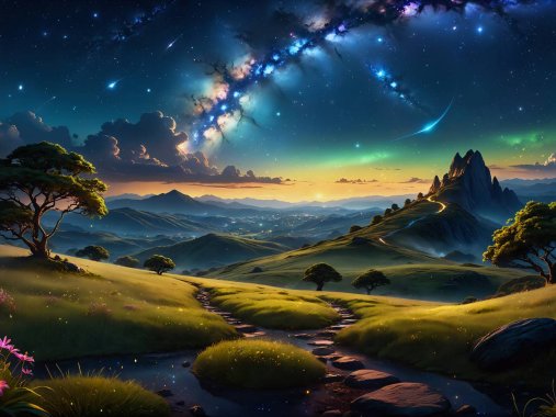 桌面壁纸 007 星空 山 小路 树 绿色草地 鲜花 4k风景壁纸 3840×2160