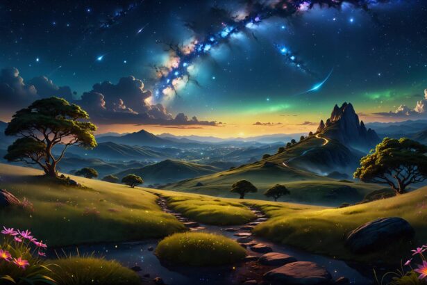 桌面壁纸 007 星空 山 小路 树 绿色草地 鲜花 4k风景壁纸 3840×2160