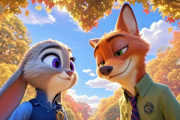 桌面壁纸 023 兔子朱迪 狐狸尼克 疯狂动物城 秋叶 秋天森林 蓝天 4k壁纸