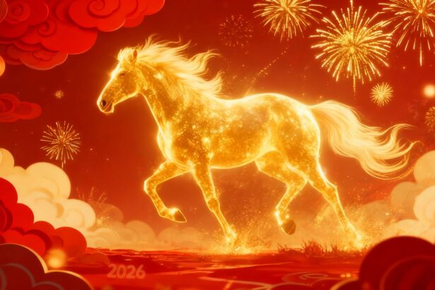 桌面壁纸 039 2026年马年图片 金色的马 红色喜庆背景 烟花 灯笼 祥云 4k壁纸