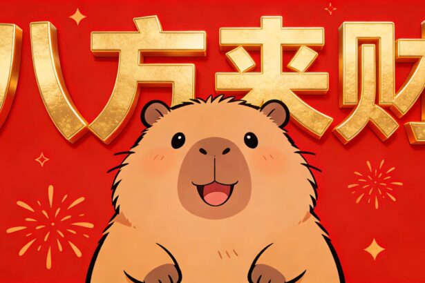 桌面壁纸 040 八方来财 卡皮巴拉卡通图片 红色背景 新年4K壁纸