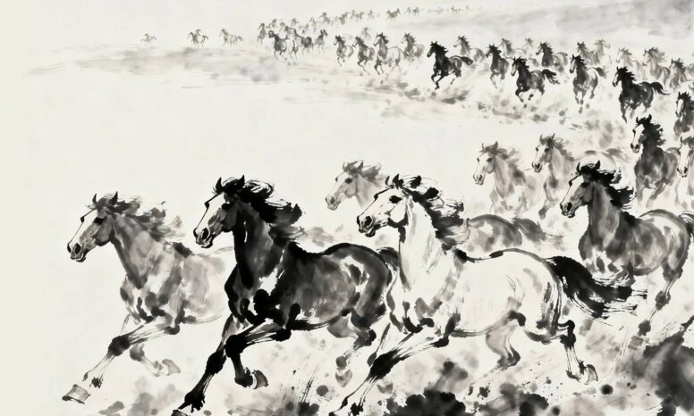 桌面壁纸 053 2026万马奔腾 水墨画 3440×1440带鱼屏壁纸