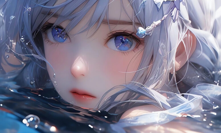 桌面壁纸 097 蓝眼睛 长发动漫女孩 水中 3440×1440动漫壁纸